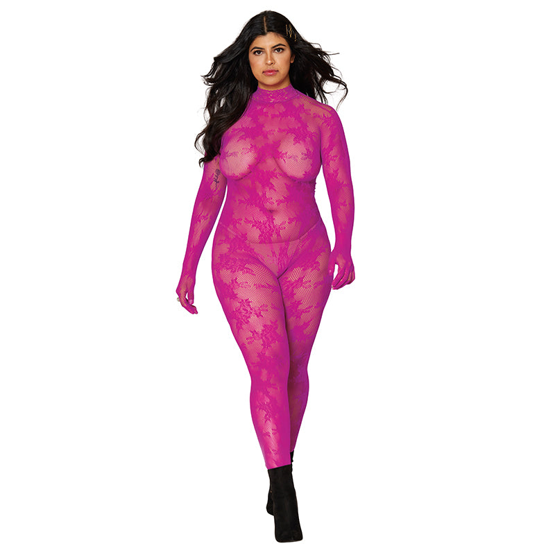 Floral Bodystocking W/ Finger Gloves Azalea