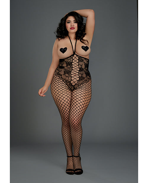 Bodystocking con copa abierta y entrepierna abierta con diseño de osito de encaje tejido en color negro Qn