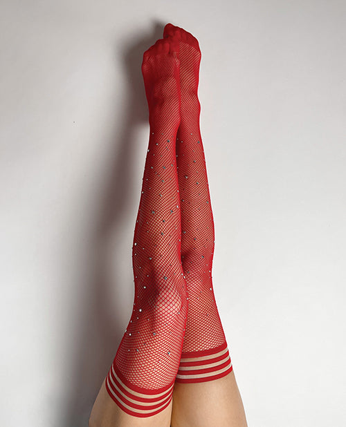 Kix'ies Joely Fishnet Rhinestone Thigh High Red A