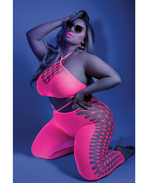 Bodystocking con escote halter, corte recortado, luz negra brillante, rosa neón Qn