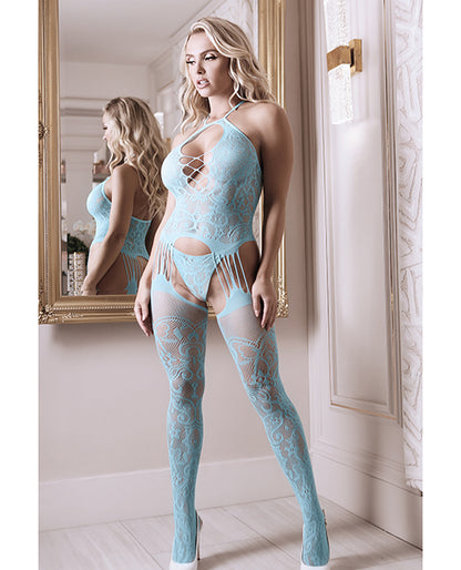 Sheer Fantasy Halter Neck Floral Lace Gartered Bodystocking & Panty Light Blue O/s