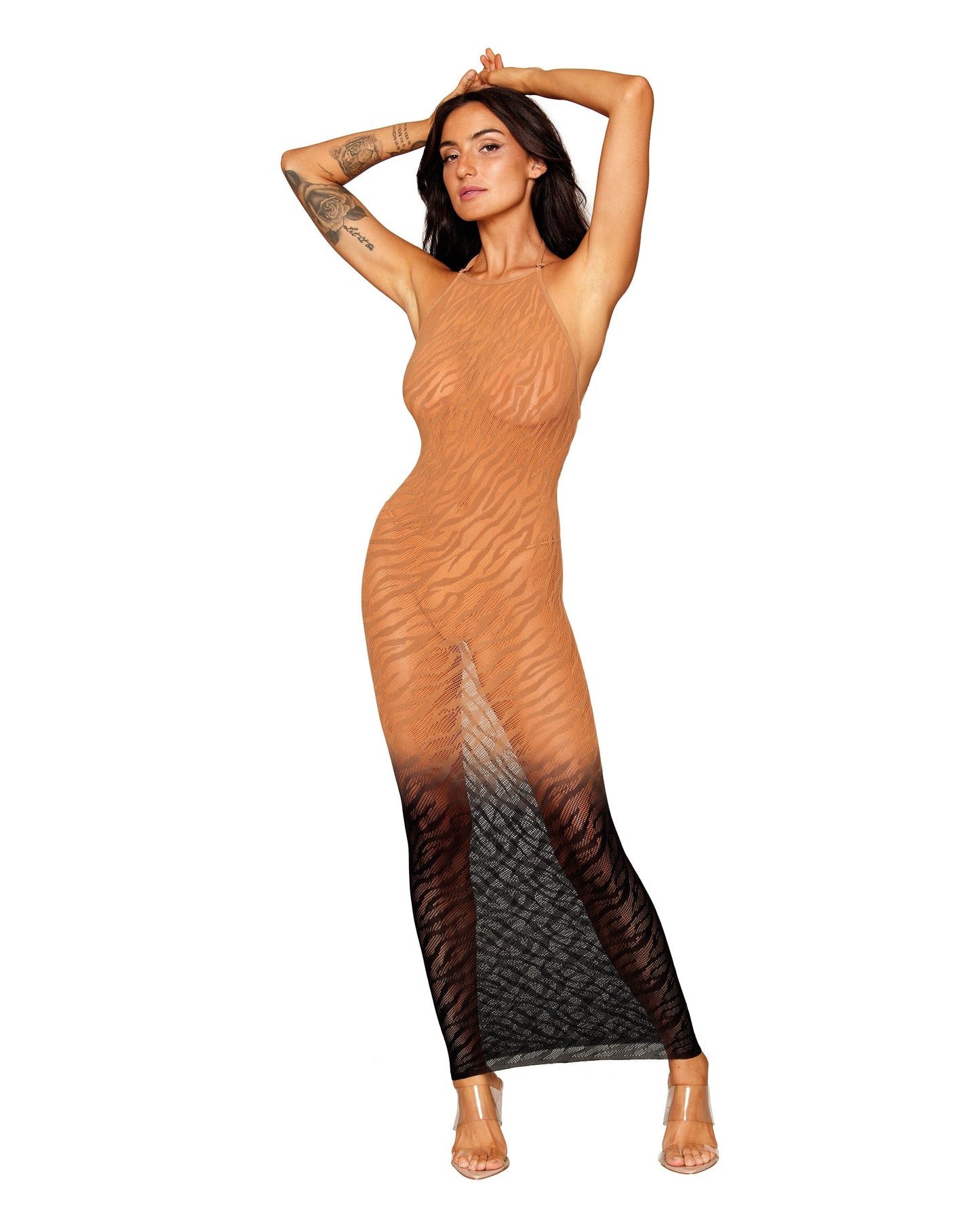 Bodystocking de punto de cebra, negro y cobre, tallas S