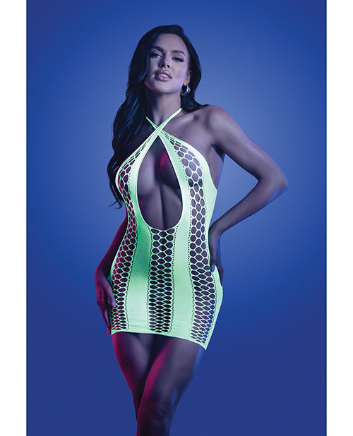 Glow Synthesize UV Reactive Seamless Halter Dress - Neon Green O/S