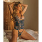 Metallic Scallop Stretch Lace & Sheer Mesh Teddy W/removable Backless Panty Teal/rose Gold