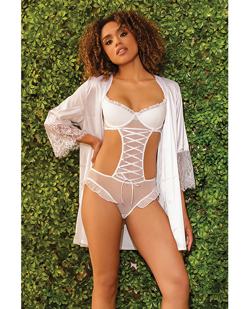 Stretch Mesh Ruffled Crotchless Teddy White