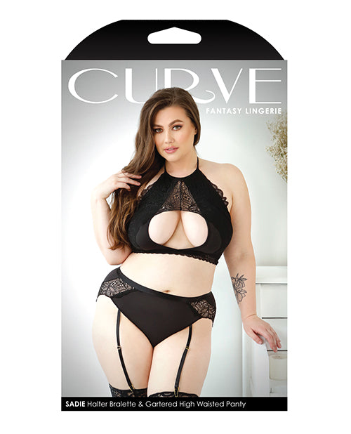 Top con escote halter y braguita con liga y encaje superpuesto Curve Sadie, color negro