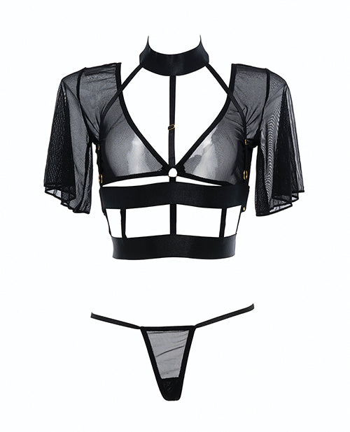 Top de tiras y tanga de malla transparente Adore Dreamer negro