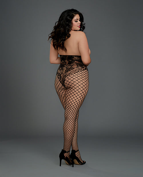 Open Cup Open Crotch Bodystocking W/knitted Lace Teddy Design Black Qn