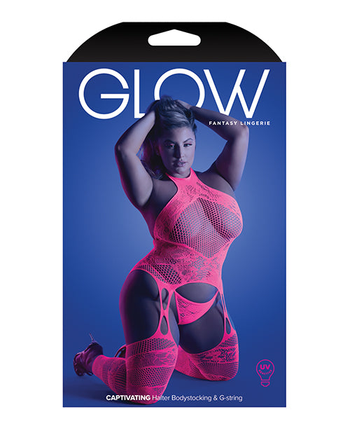 Bodystocking y tanga con escote halter cautivadores y brillantes de color rosa neón