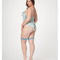 Lace & Mesh Bustier W/lace Up Center, Garter Belt & Thong Blue