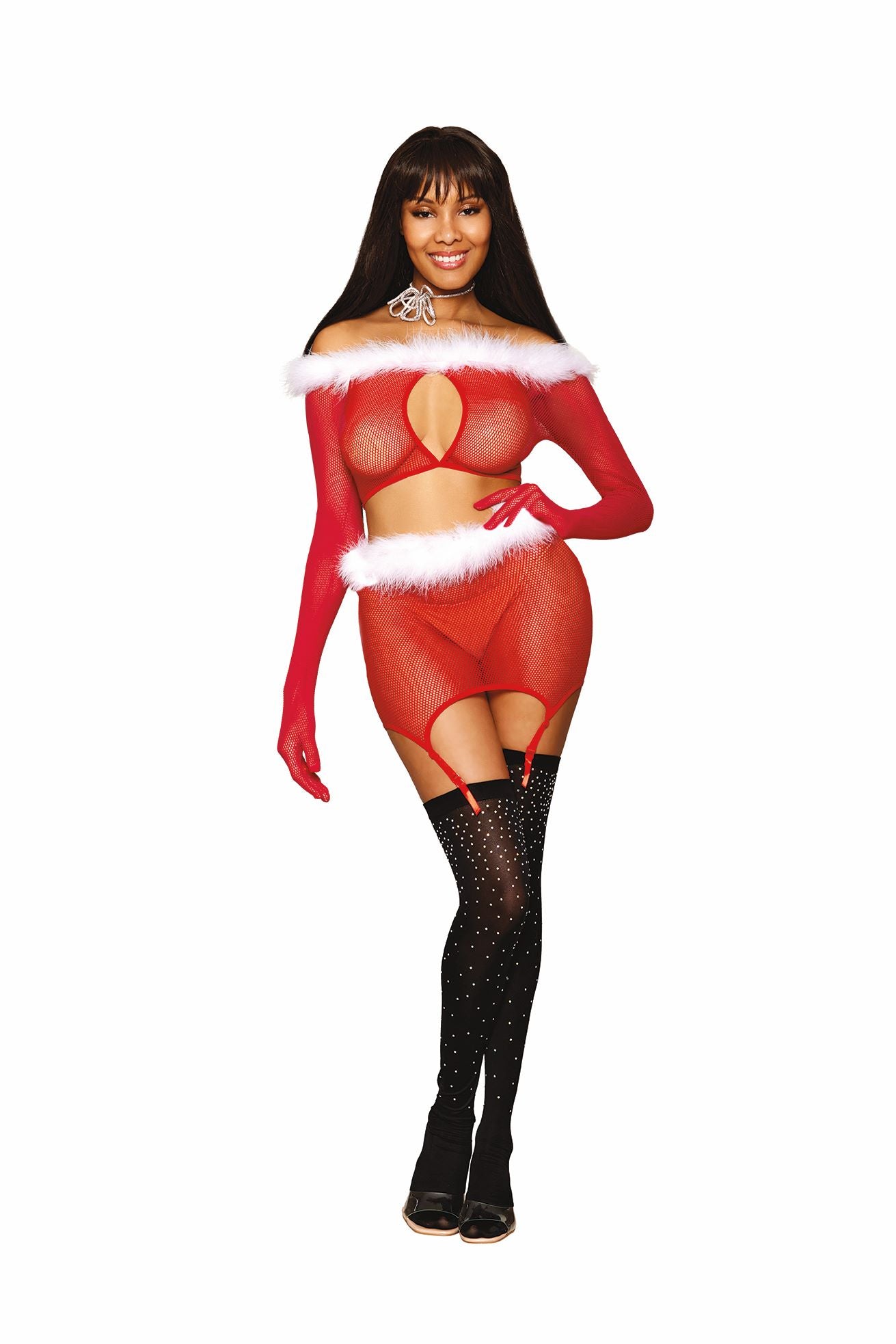 Santa Baby Seamless Fishnet 2pc Garter Set Ruby