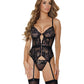 Metallic Stretch Lace Garter Belt Bustier w/Lace Up Closure & Thong Black/Rose Gold