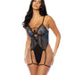 Lola Unlined Underwire Embroidered Teddy w/Attached Garter Stays - Black