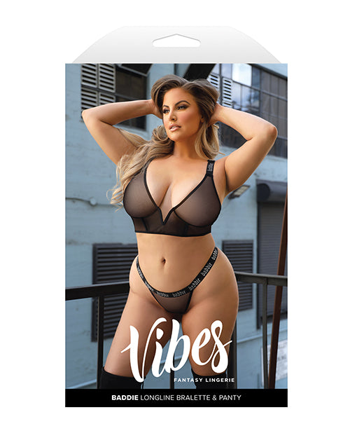 Bralette y tanga de malla con purpurina Vibes Baddie de corte largo en negro QN