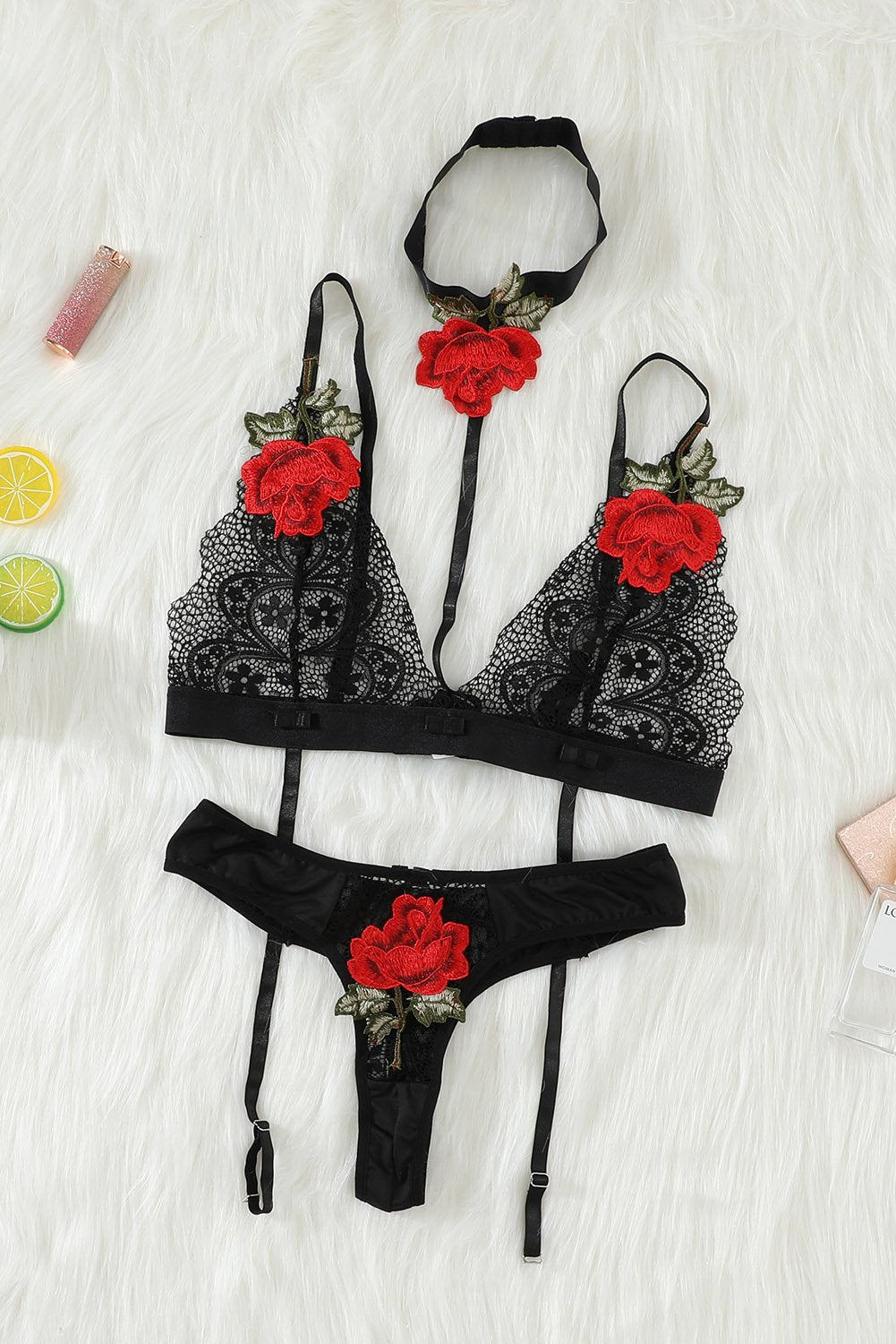 Floral Applique Lace Strappy Bralette Set