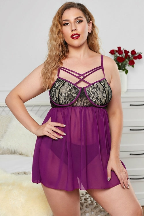 Crisscross Lace Mesh Plus Size Babydoll