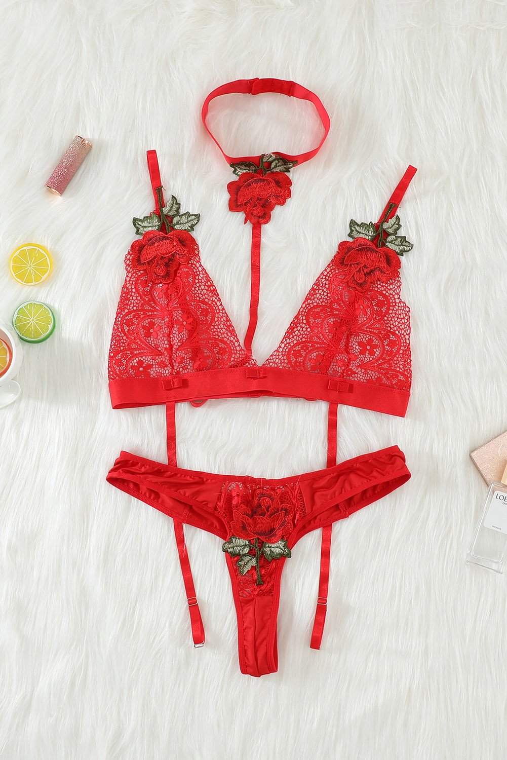 Floral Applique Lace Strappy Bralette Set