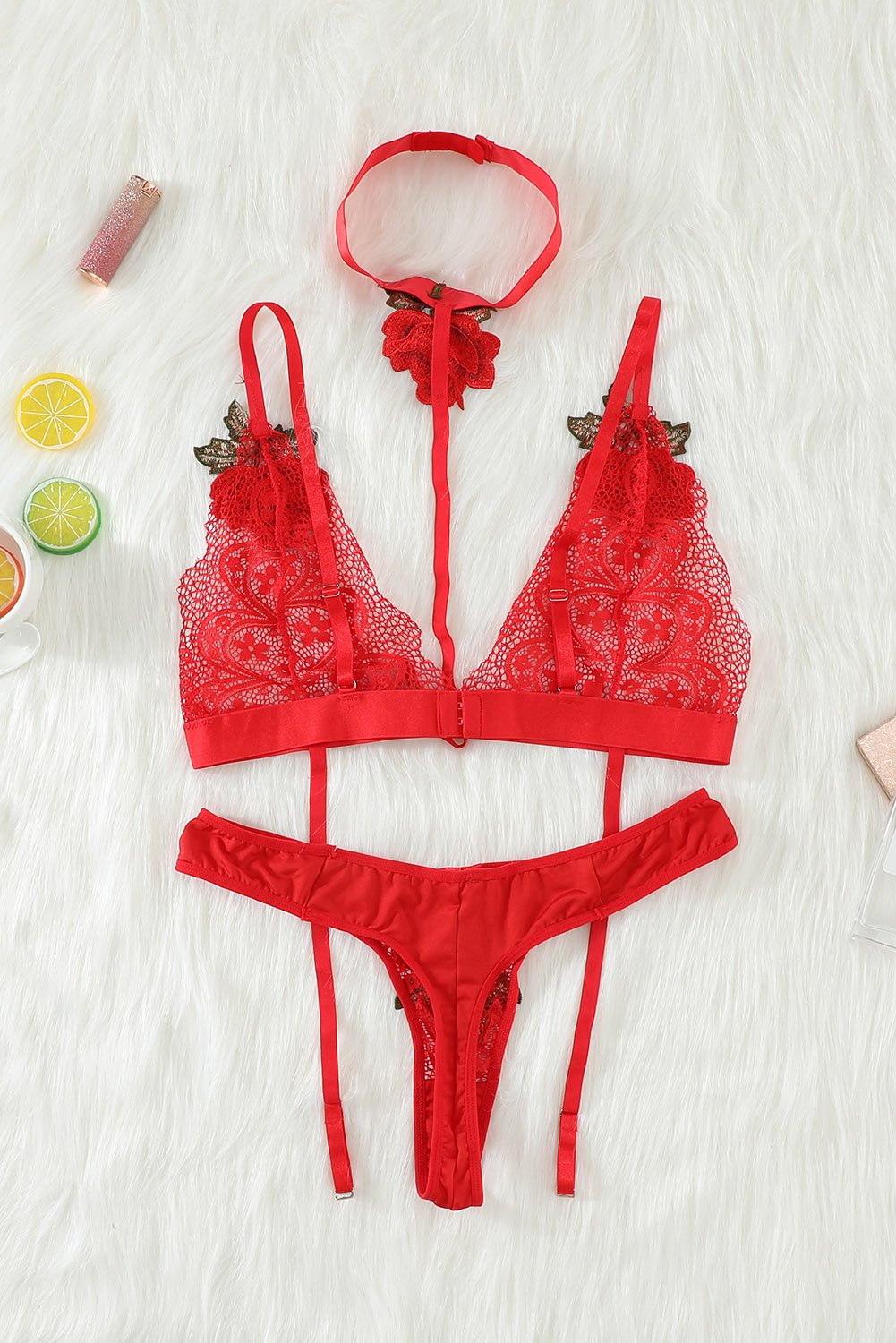 Floral Applique Lace Strappy Bralette Set