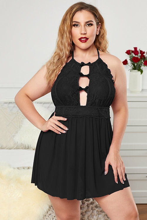 Halter Neck Lace Mesh Backless Plus Size Babydoll