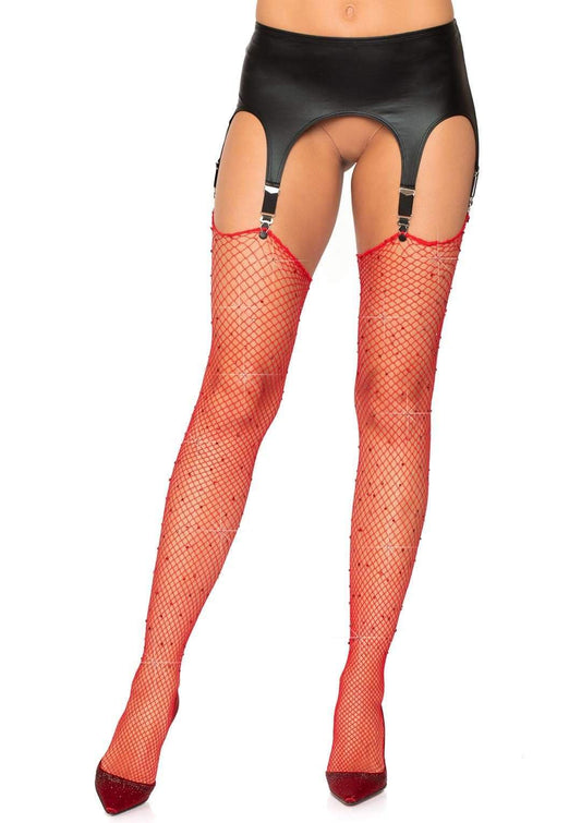 Rhinestone Fishnet Stockings - One Size - Red