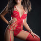 Candy Red 2pc Embroidered Lace Garter Teddy and Stockings